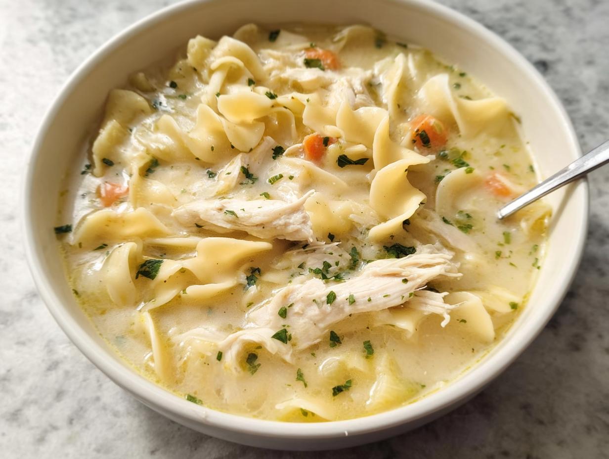 A close-up of a white bowl filled with rich, Creamy Chicken Noodle Soup, featuring shredded chicken, egg noodles, and carrots.
