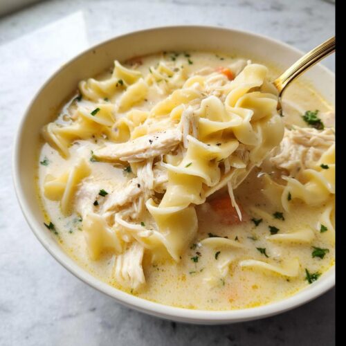 A spoonful of rich Creamy Chicken Noodle Soup showing shredded chicken, wide egg noodles, and broth being lifted from a bowl.