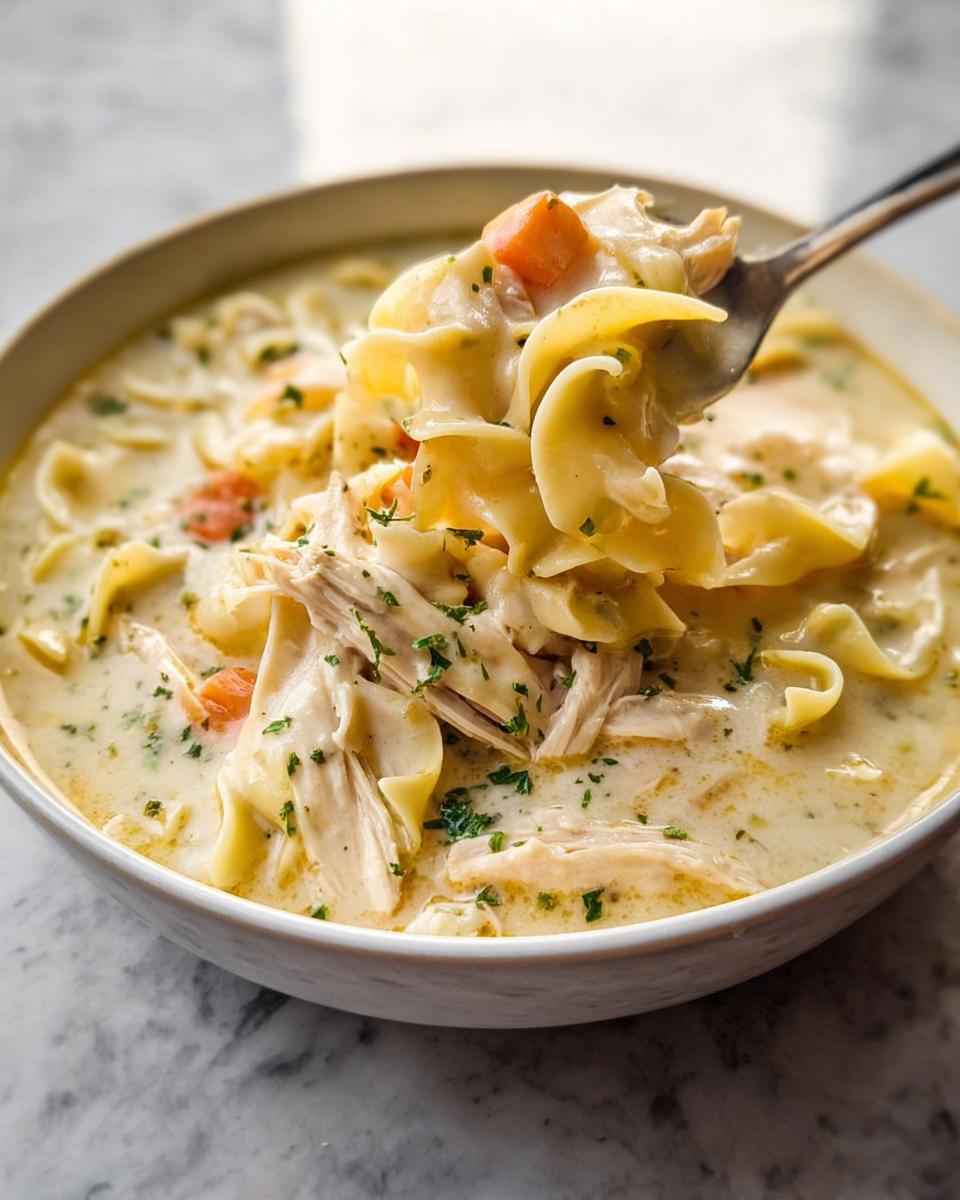 A spoonful lifting wide egg noodles, shredded chicken, and carrots from a bowl of Creamy Chicken Noodle Soup.