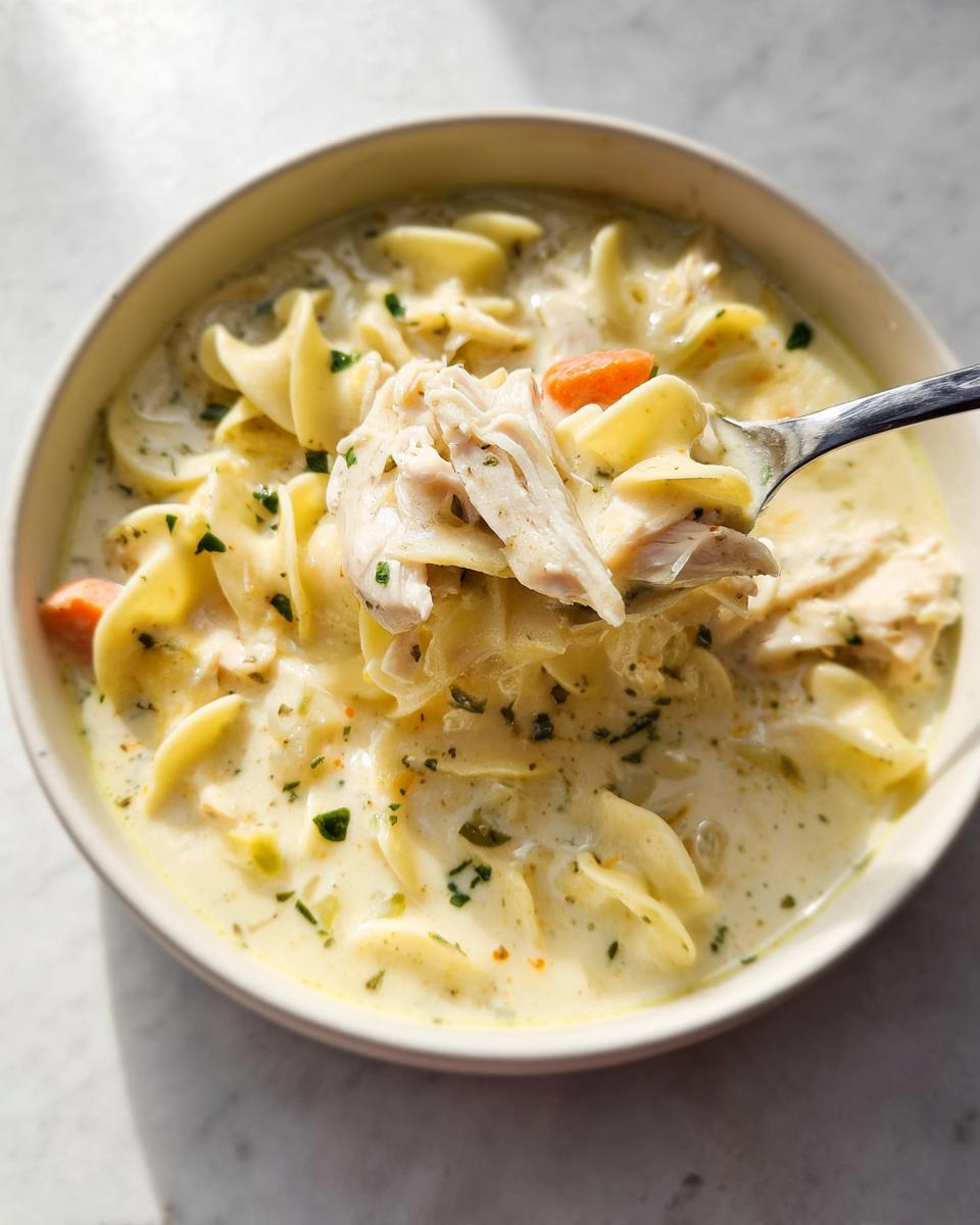 A spoonful of shredded chicken and egg noodles lifted from a bowl of Creamy Chicken Noodle Soup, garnished with parsley.