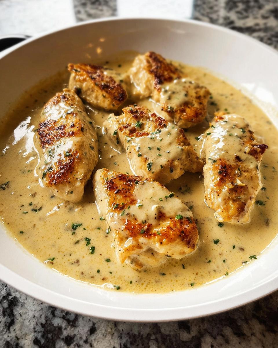 Five pieces of pan-seared chicken breasts swimming in a rich, creamy parmesan sauce, garnished with parsley.