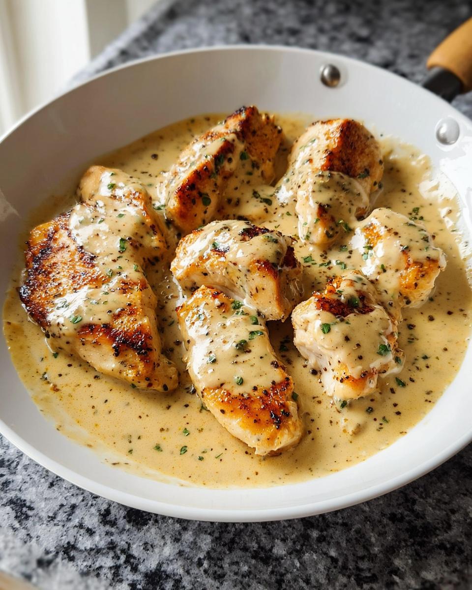 Six pieces of golden-brown chicken breast covered in a rich, creamy Parmesan chicken sauce, garnished with parsley.