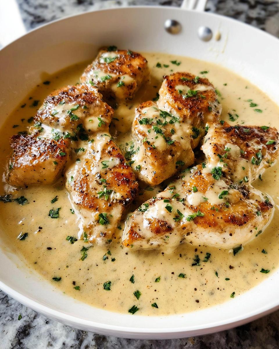 Five pieces of golden-brown Creamy Parmesan Chicken resting in a rich, creamy sauce and garnished with parsley.