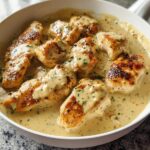 Close-up of seared chicken pieces swimming in a rich, creamy Parmesan chicken sauce speckled with herbs.