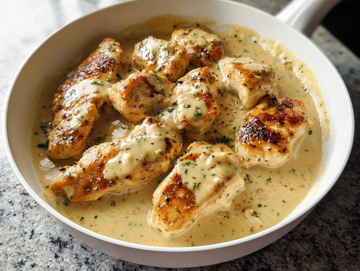 Close-up of seared chicken pieces swimming in a rich, creamy Parmesan chicken sauce speckled with herbs.