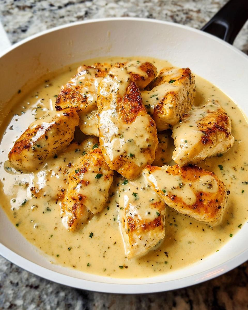 Close-up of seared chicken pieces smothered in a rich, creamy Parmesan chicken sauce in a white skillet.