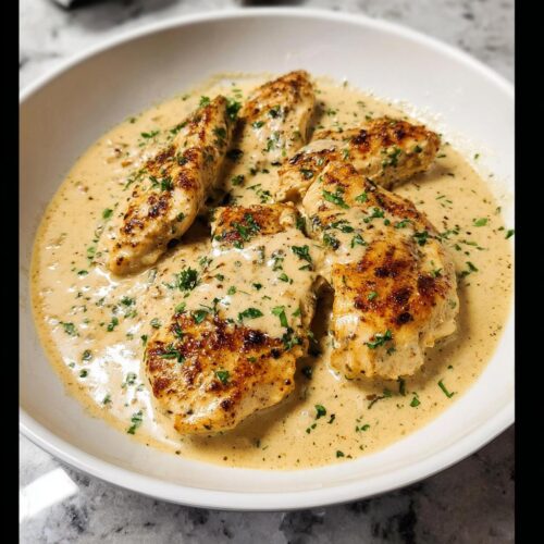 Four golden-brown chicken tenders smothered in a rich Creamy Parmesan Chicken sauce and topped with fresh parsley.