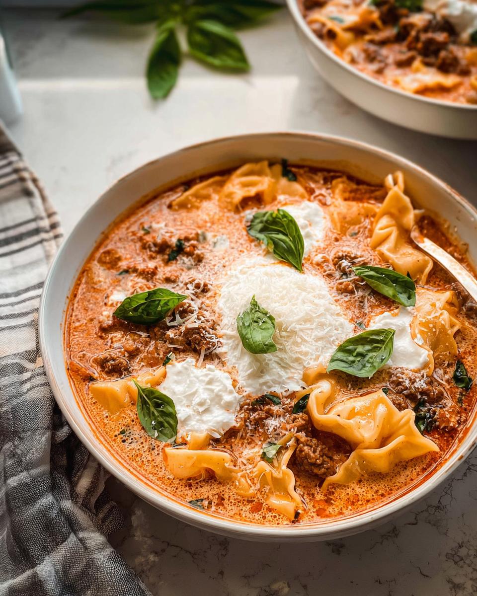 Close-up of a bowl of Creamy Slow Cooker Lasagna Soup topped with ricotta, Parmesan, and fresh basil.