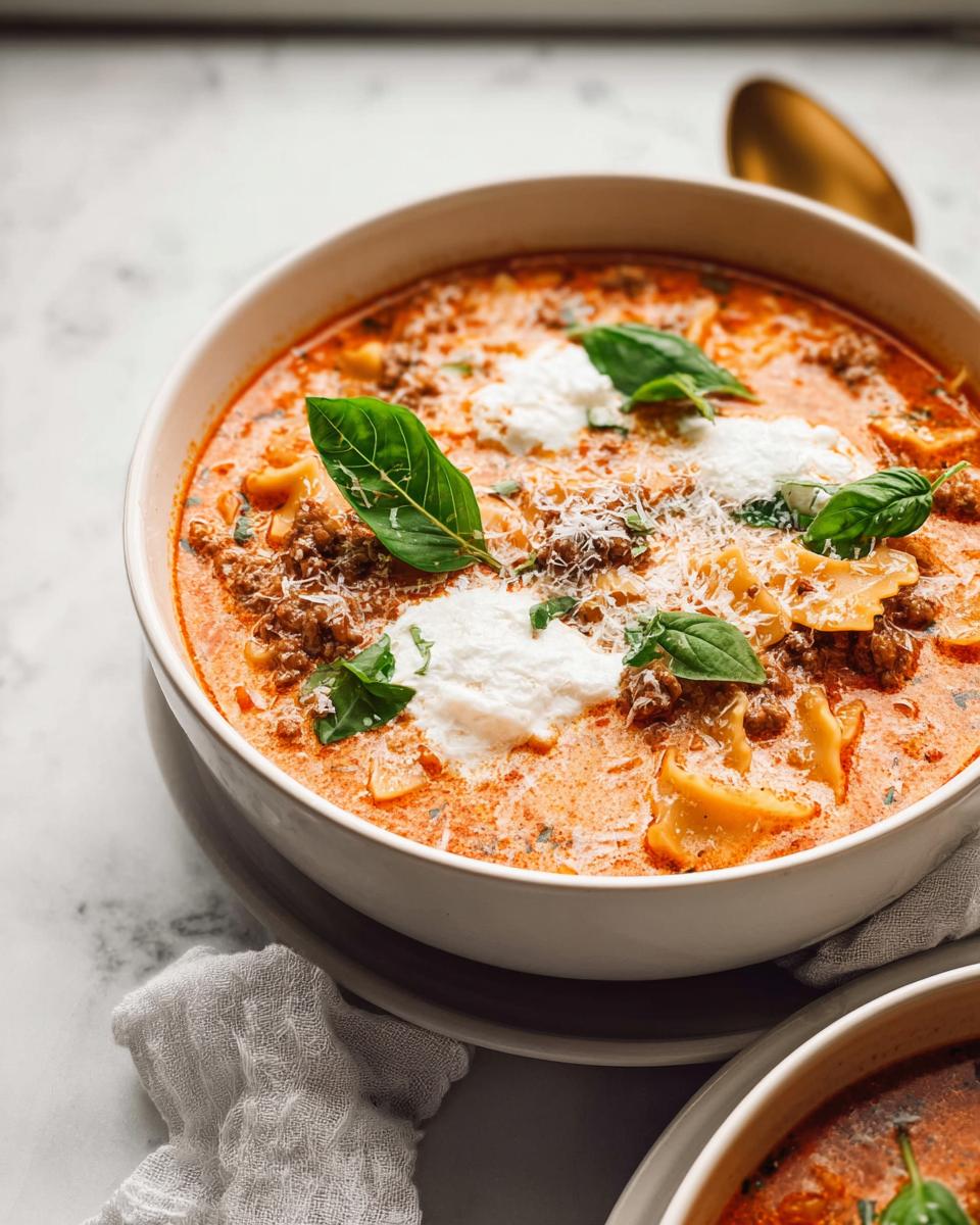 A close-up of a bowl of Creamy Slow Cooker Lasagna Soup topped with ricotta, parmesan, and fresh basil.