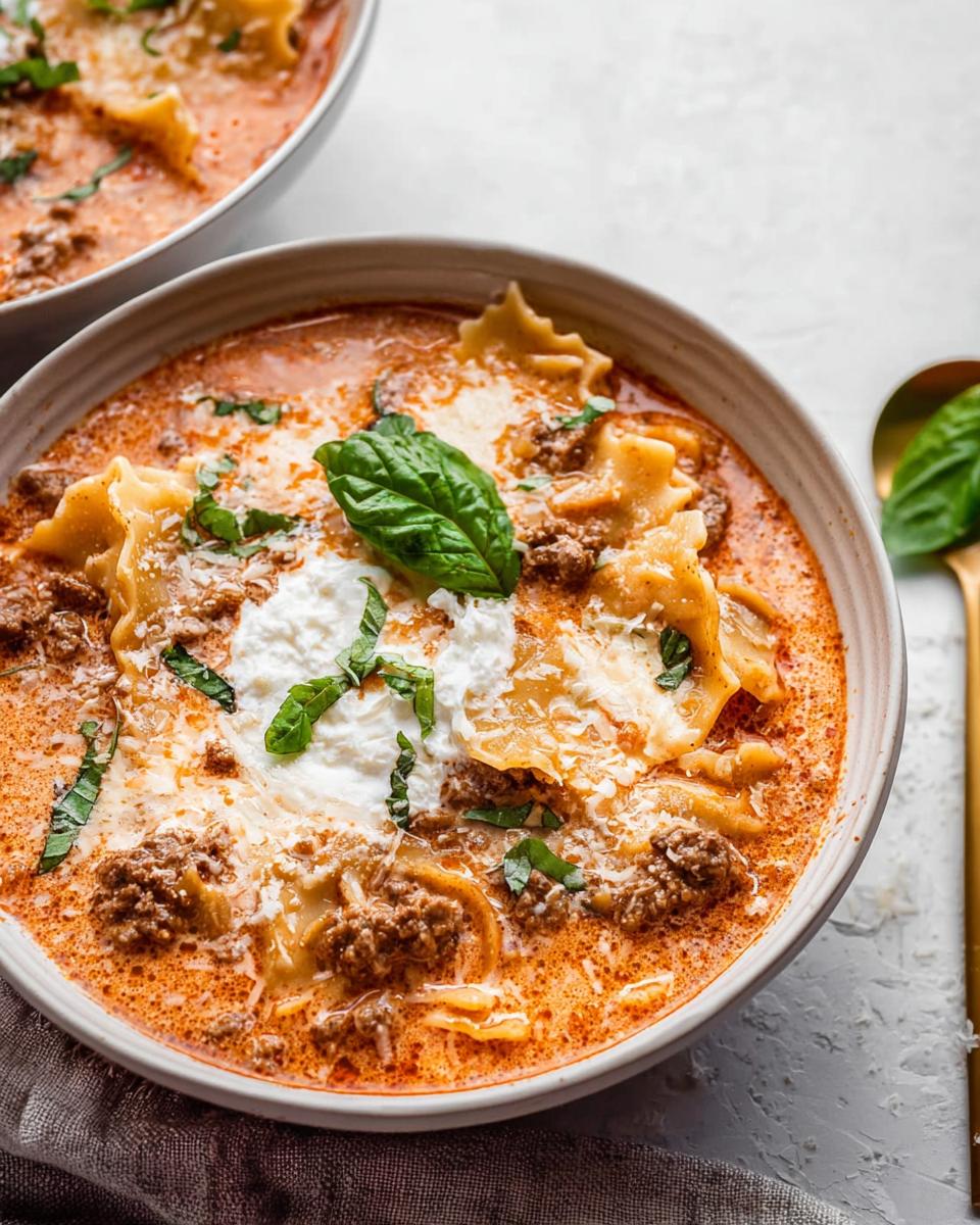 Close-up of a bowl of Creamy Slow Cooker Lasagna Soup topped with ricotta and fresh basil.