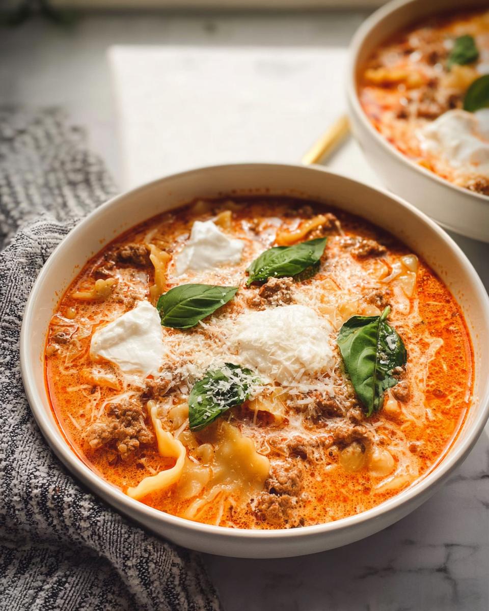 A close-up of a bowl of Creamy Slow Cooker Lasagna Soup topped with ricotta and basil.