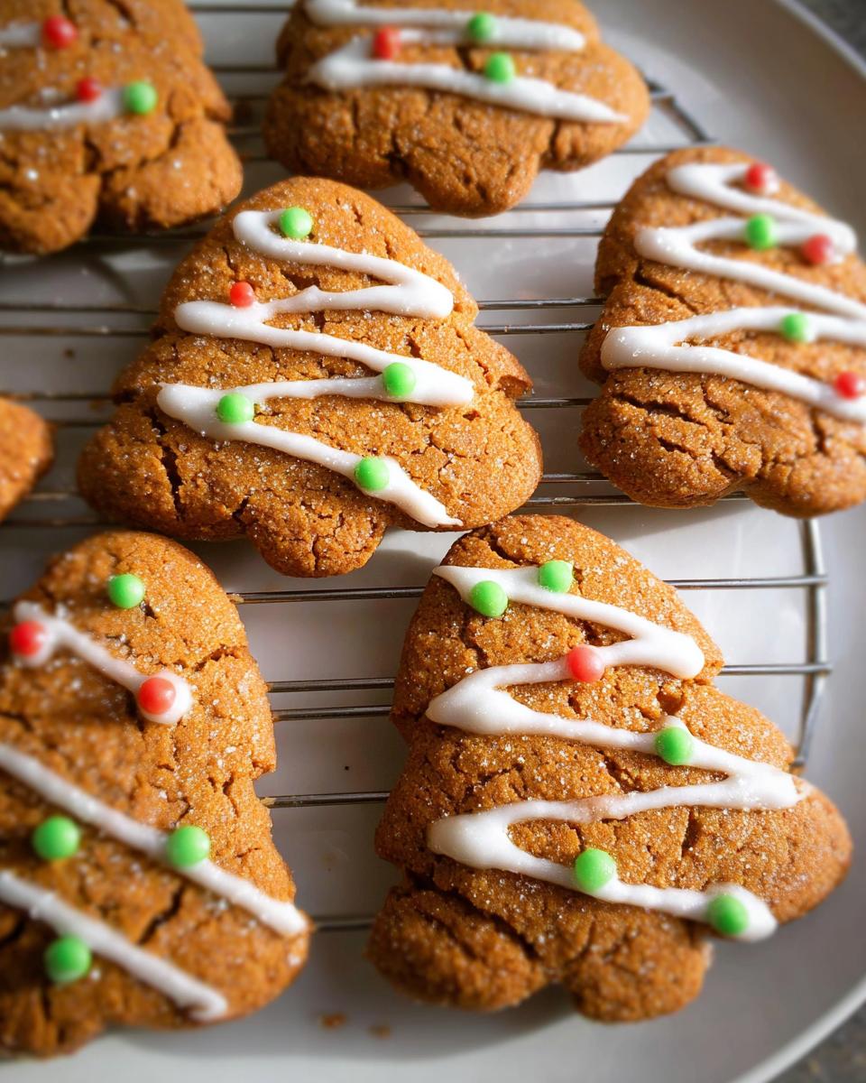 Close-up of several crispy gingerbread cookies shaped like Christmas trees, decorated with white icing and colorful candies.