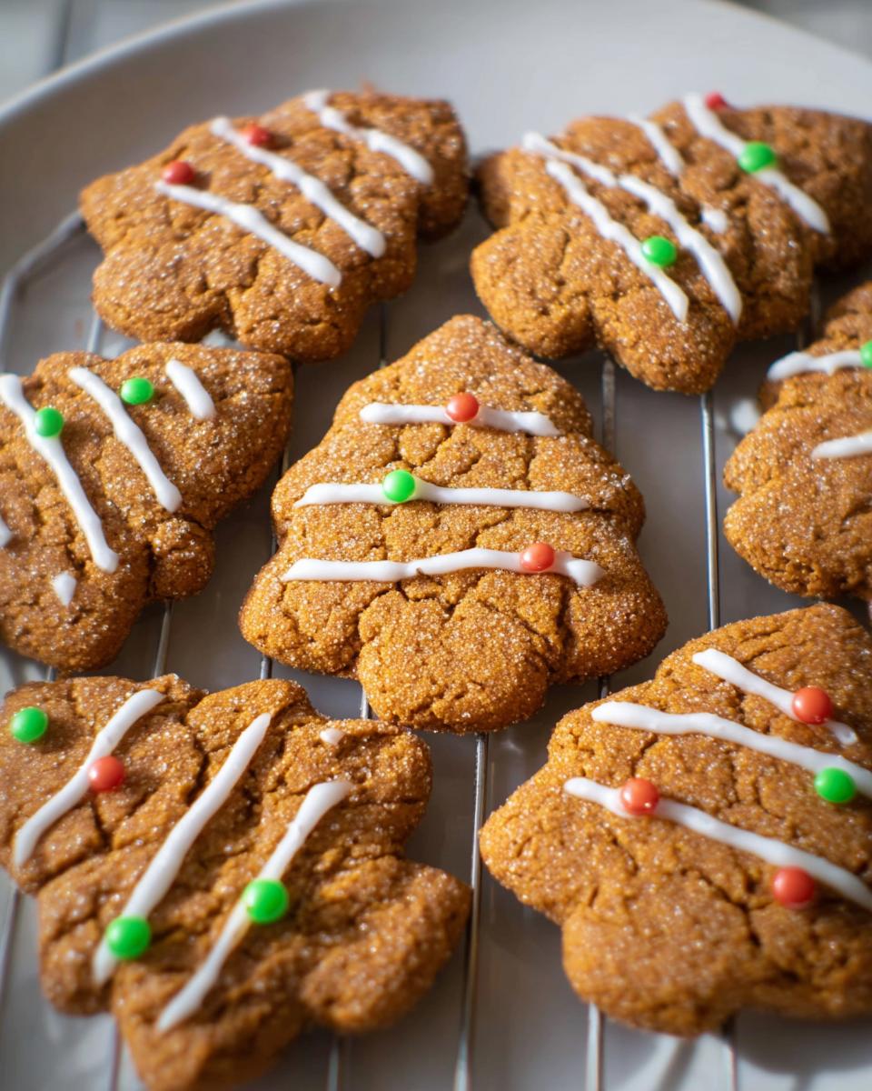 Close-up of crispy gingerbread cookies shaped like trees, decorated with white icing and colorful candies.