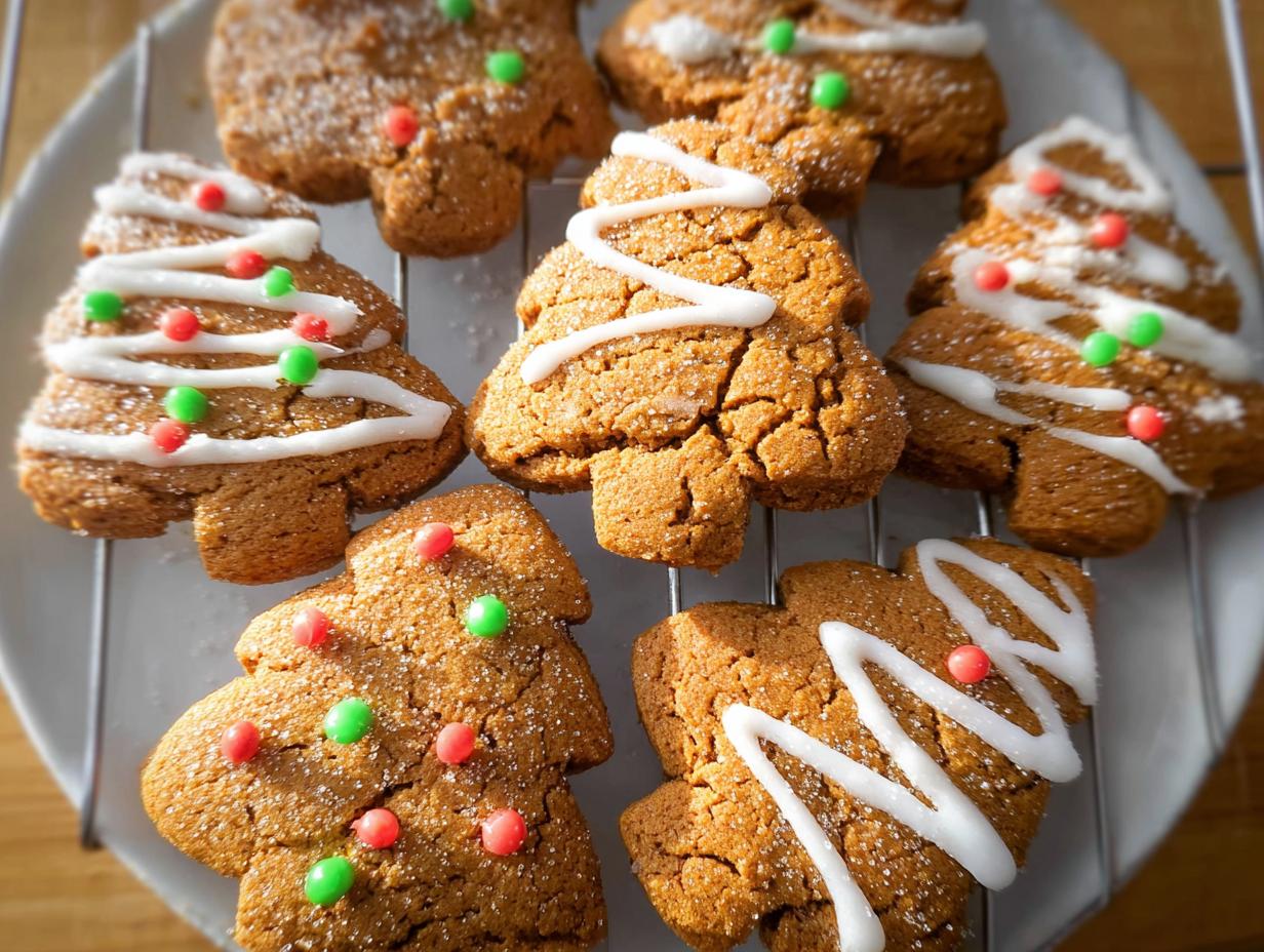 A close-up of several perfectly crispy gingerbread cookies shaped like Christmas trees, decorated with white icing and red and green candies.
