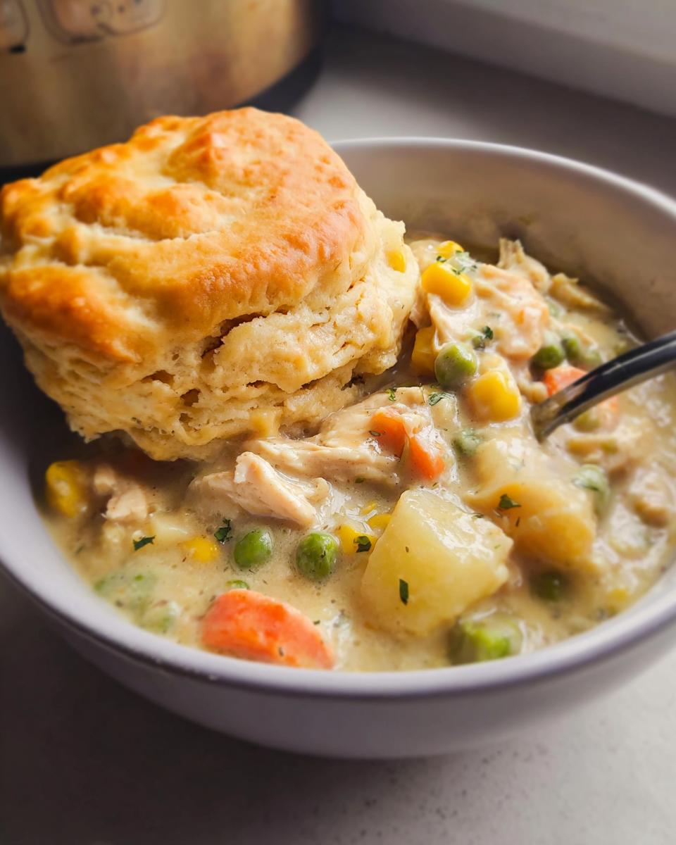 A bowl of creamy Crockpot Chicken Pot Pie with Potatoes, vegetables, and a flaky biscuit topping.