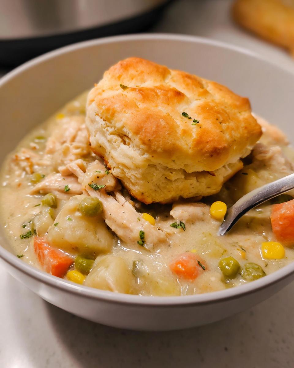 A bowl of creamy Crockpot Chicken Pot Pie with Potatoes, mixed vegetables, and topped with a golden biscuit.