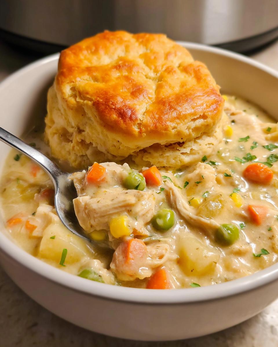 A spoonful of creamy Crockpot Chicken Pot Pie with Potatoes, peas, carrots, and topped with a golden biscuit.
