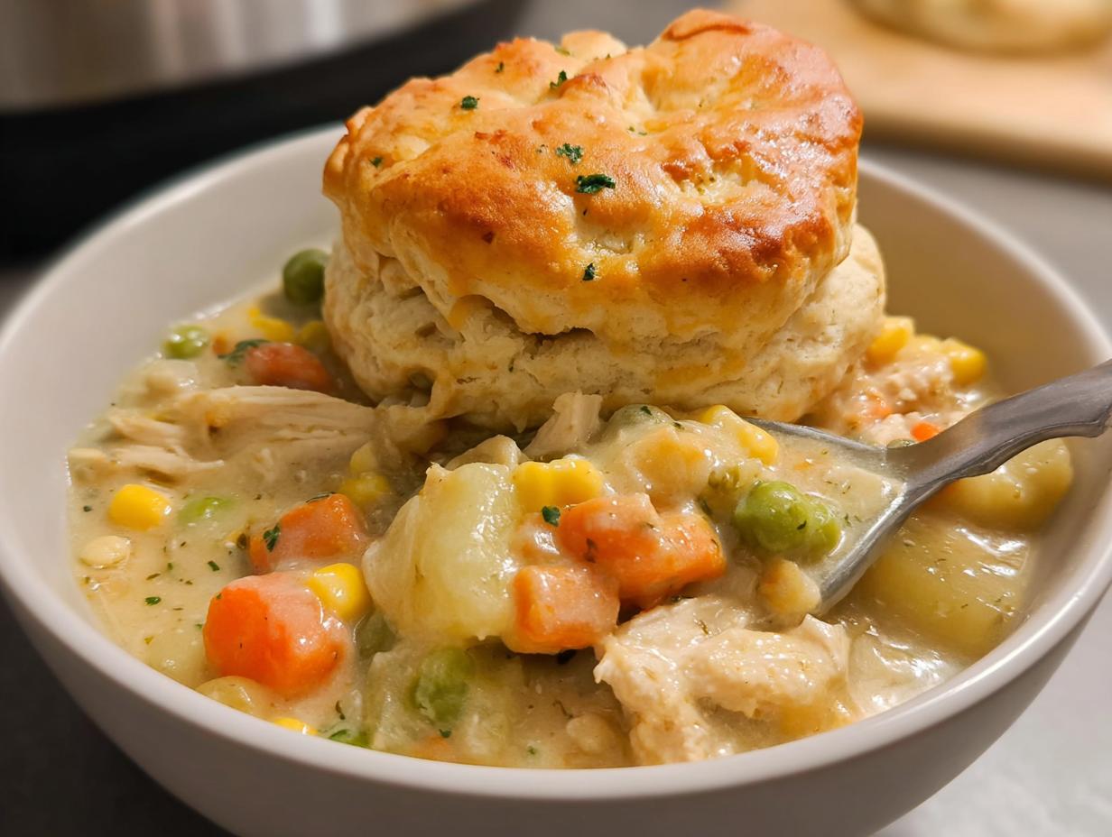 A bowl of creamy Crockpot Chicken Pot Pie with Potatoes topped with a golden biscuit.