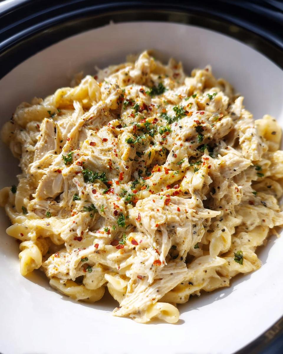 A close-up of creamy Crockpot Garlic Parmesan Chicken Pasta topped with parsley and red pepper flakes.