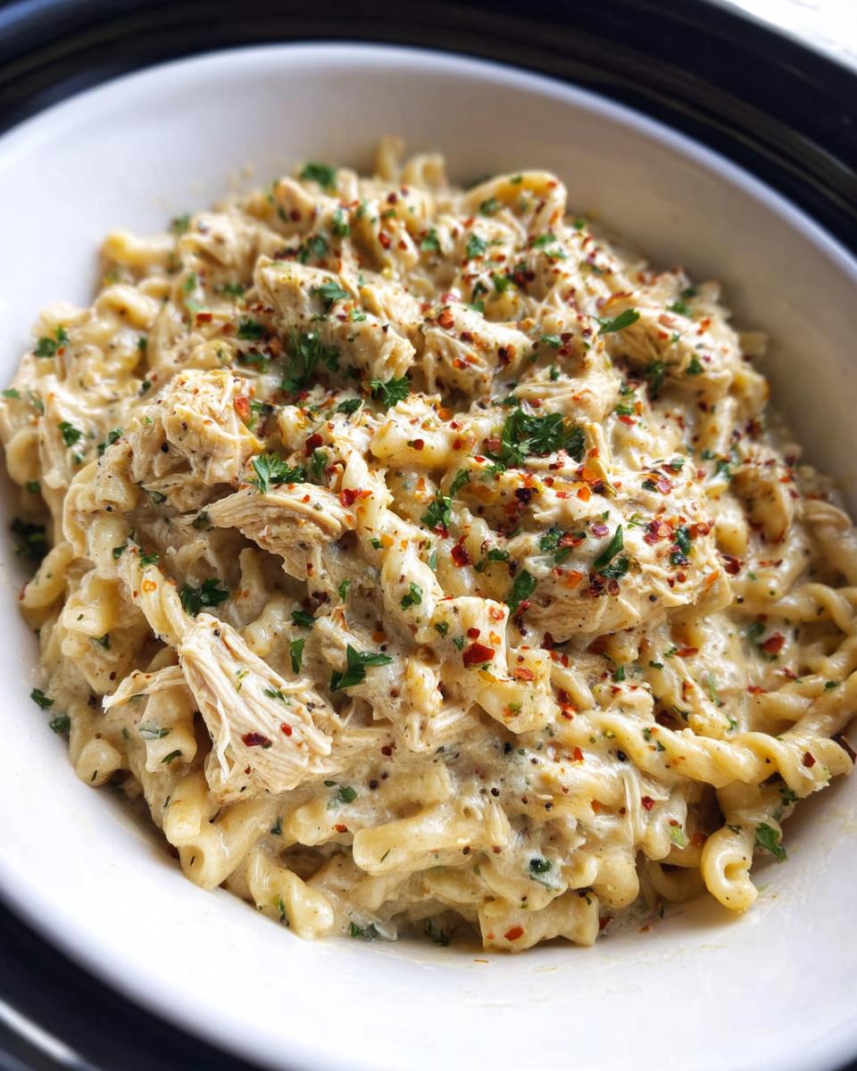 Close-up of creamy Crockpot Garlic Parmesan Chicken Pasta topped with shredded chicken, parsley, and red pepper flakes.