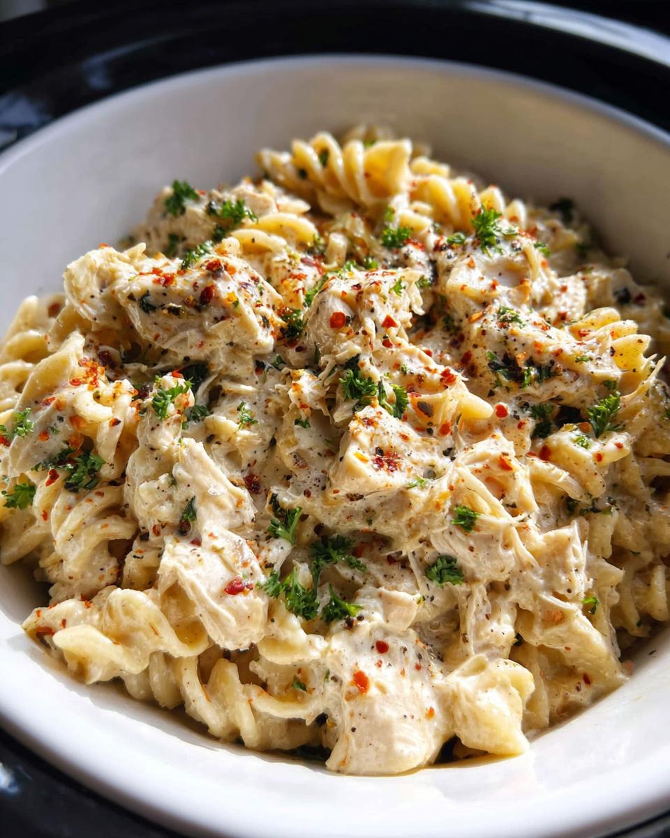 Close-up of creamy Crockpot Garlic Parmesan Chicken Pasta with fusilli noodles, shredded chicken, and red pepper flakes.