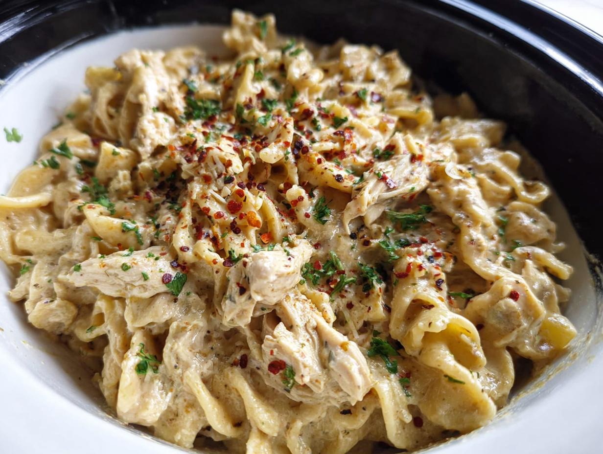 Close-up of creamy Crockpot Garlic Parmesan Chicken Pasta topped with red pepper flakes and parsley.