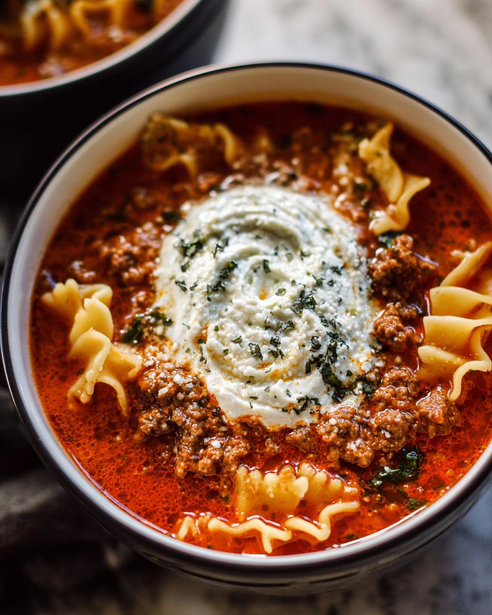 Close-up of a bowl of Crockpot Lasagna Soup featuring rich tomato broth, ground meat, pasta, and a dollop of seasoned ricotta cheese.