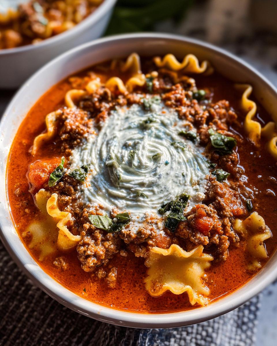 Close-up of a bowl of rich Crockpot Lasagna Soup topped with meat sauce, ruffled lasagna noodles, and a swirl of herbed ricotta cheese.