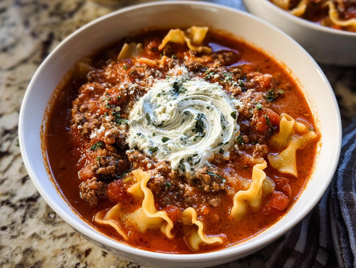 Close-up of a bowl of hearty Crockpot Lasagna Soup with ground meat, pasta, and a swirl of herbed ricotta cheese.