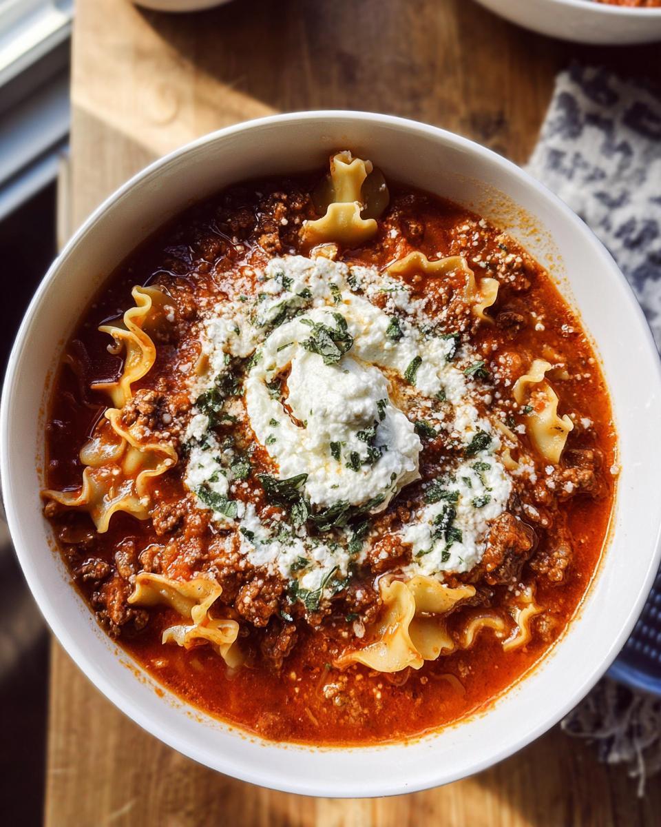 Overhead view of a white bowl filled with rich Crockpot Lasagna Soup, topped with a dollop of ricotta and fresh parsley.