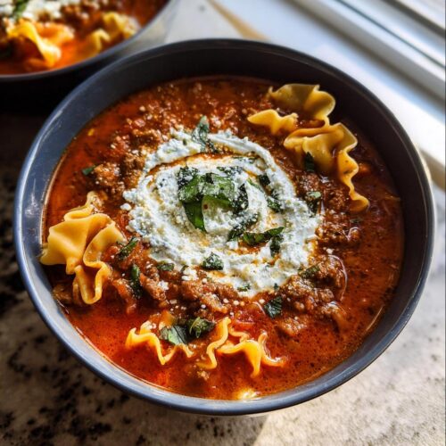 A close-up of a bowl of rich, red Crockpot Lasagna Soup topped with a swirl of ricotta cheese and fresh basil.