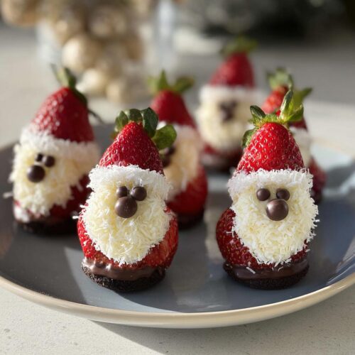 Close-up of adorable Cute Strawberry Santa Desserts decorated with coconut and chocolate.
