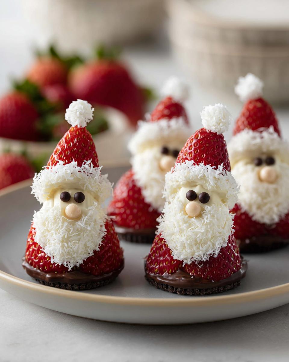 Several cute strawberry Santa desserts arranged on a plate, each made with strawberries, cream, and chocolate.