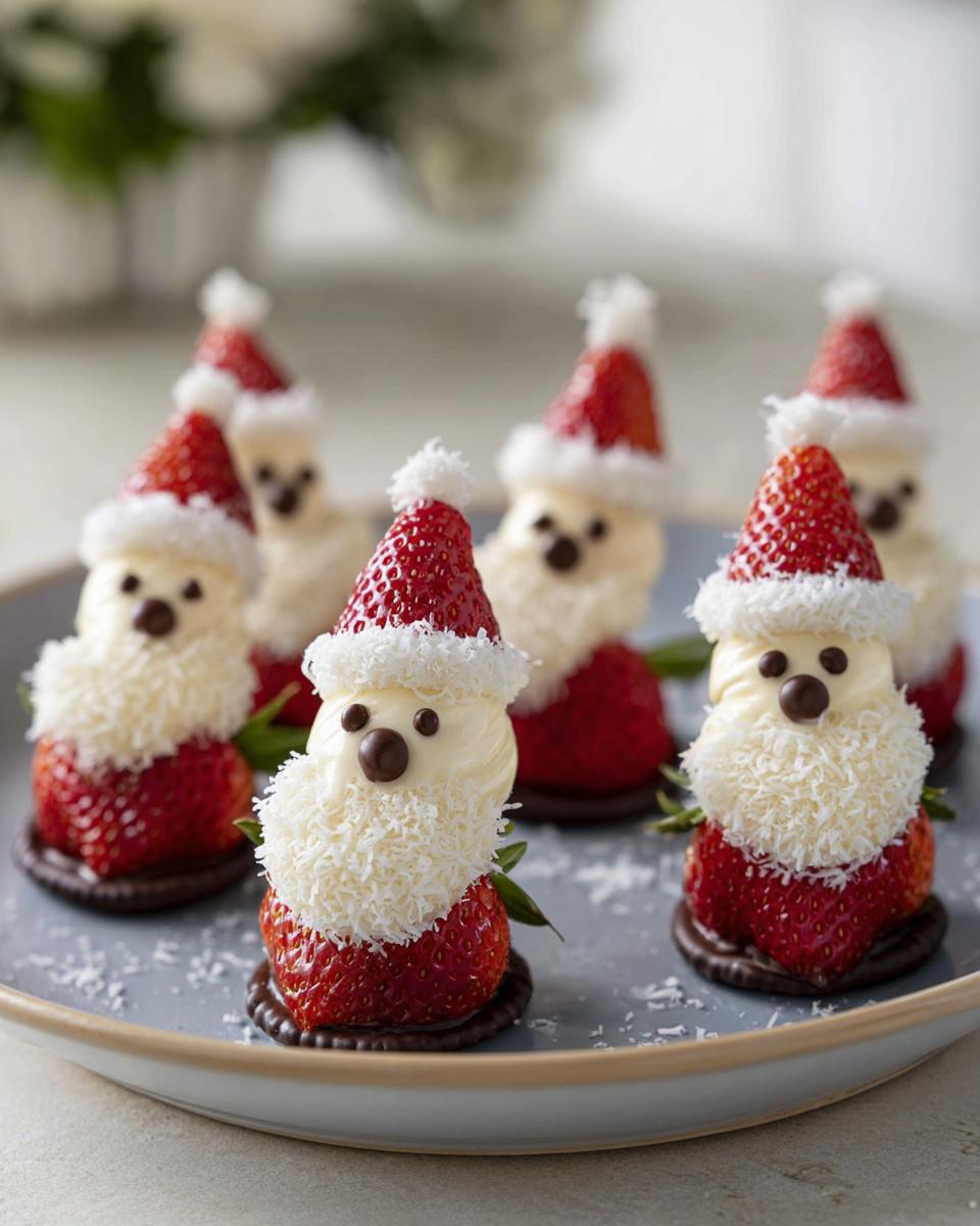 A close-up of several cute strawberry Santa desserts arranged on a blue plate, decorated with cream, coconut, and chocolate.