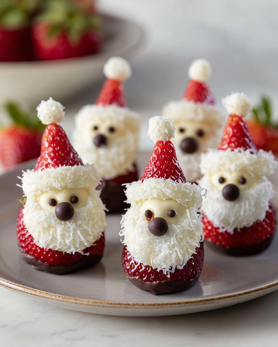 A plate of adorable Cute Strawberry Santa Desserts, each made with chocolate-dipped strawberries, cream cheese, and chocolate chip details.