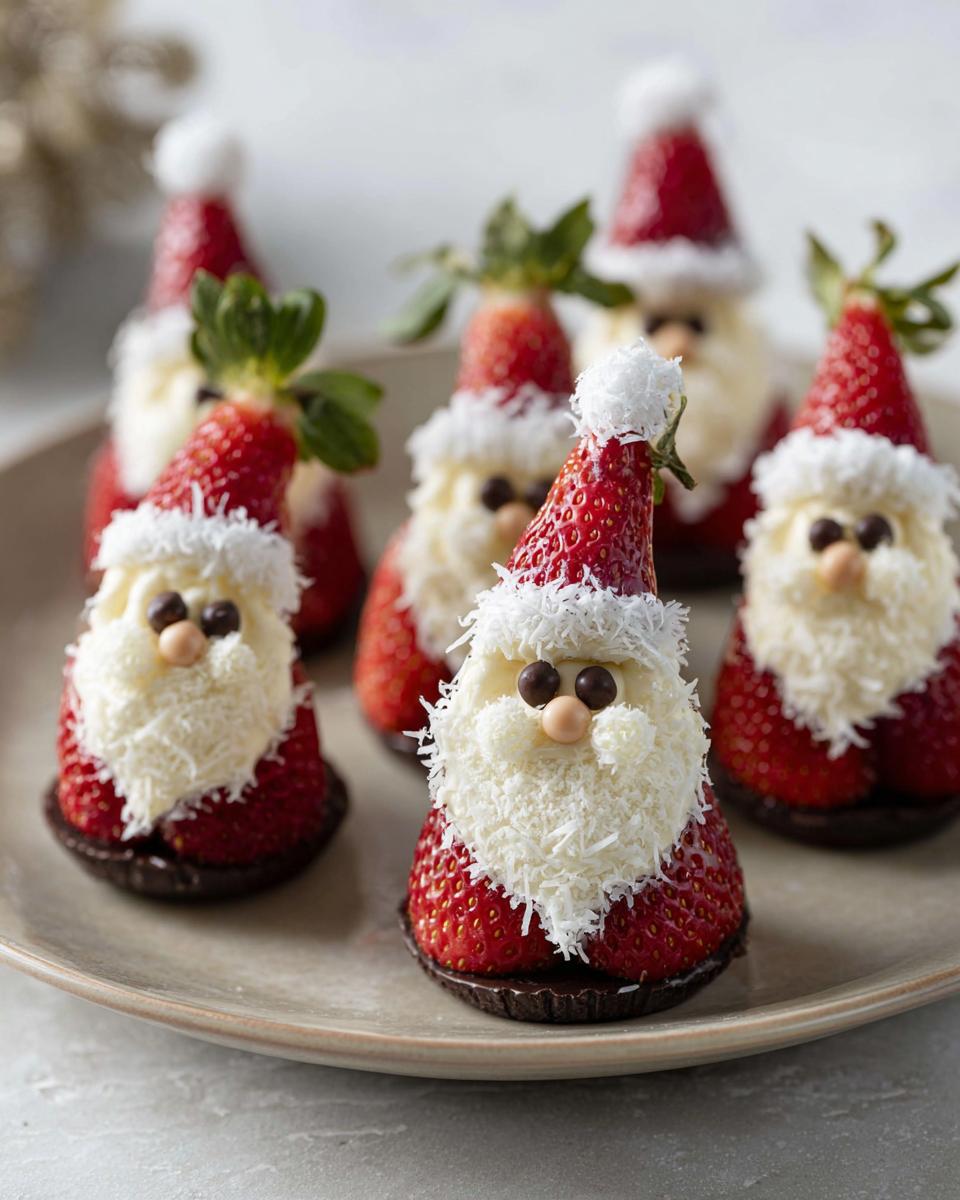 A plate filled with adorable Cute Strawberry Santa Desserts, each made from a strawberry, cream, and chocolate.