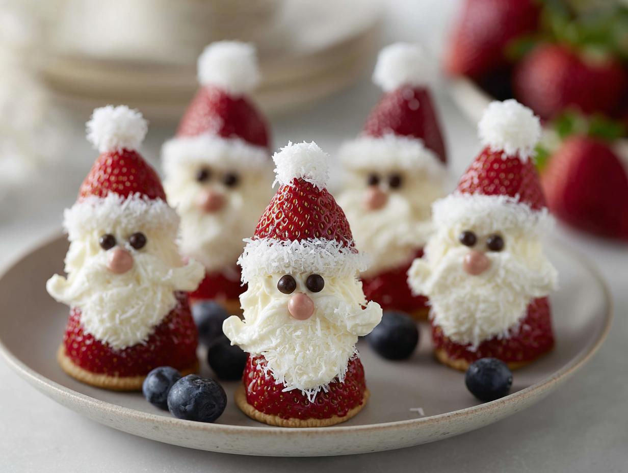 A festive platter of Cute Strawberry Santa Desserts, each made from strawberries, cream, and decorated with chocolate chips and coconut flakes.