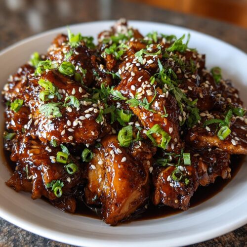 Close-up of glossy Dump and Go Teriyaki Chicken pieces coated in sauce and topped with sesame seeds and green onions.
