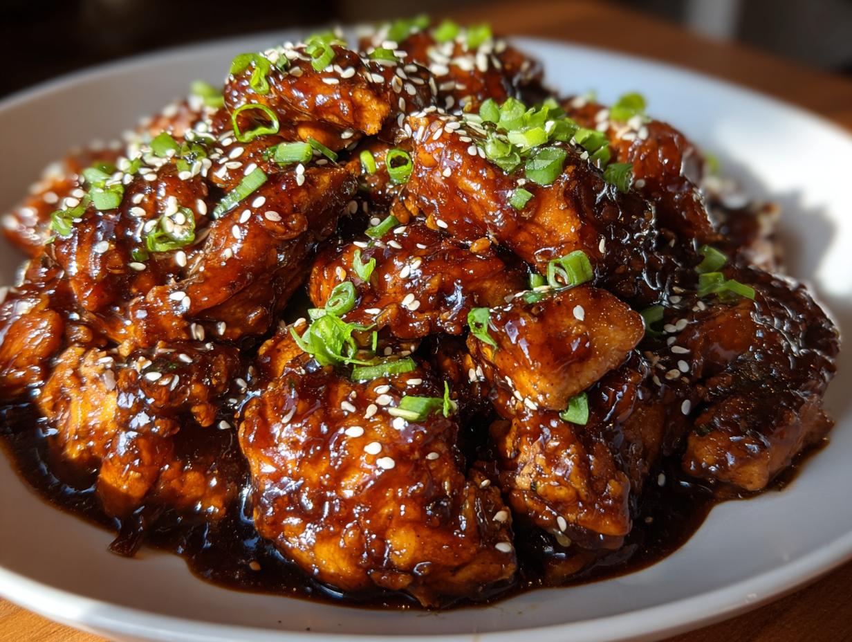 Close-up of saucy Dump and Go Teriyaki Chicken pieces garnished with sesame seeds and green onions.