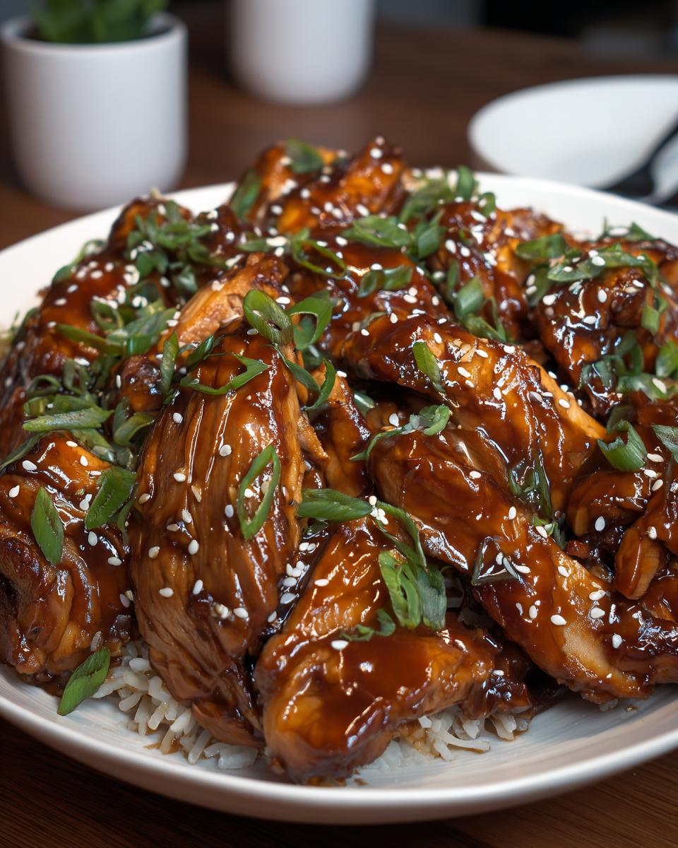 Close-up of glossy Dump and Go Teriyaki Chicken pieces served over white rice and garnished with sesame seeds and green onions.