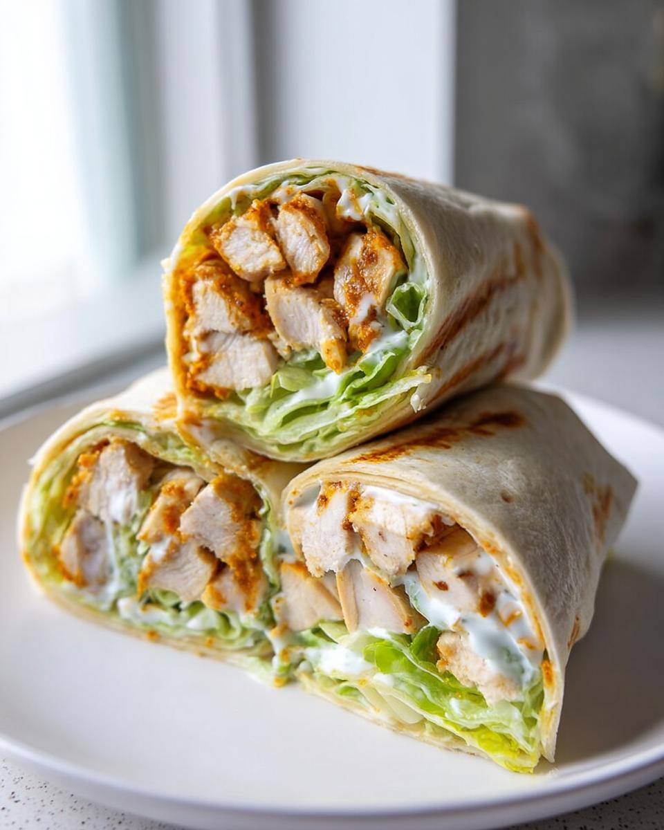 Three halves of Easy Chicken Lunch Wraps stacked on a white plate, showing seasoned chicken, lettuce, and creamy sauce.