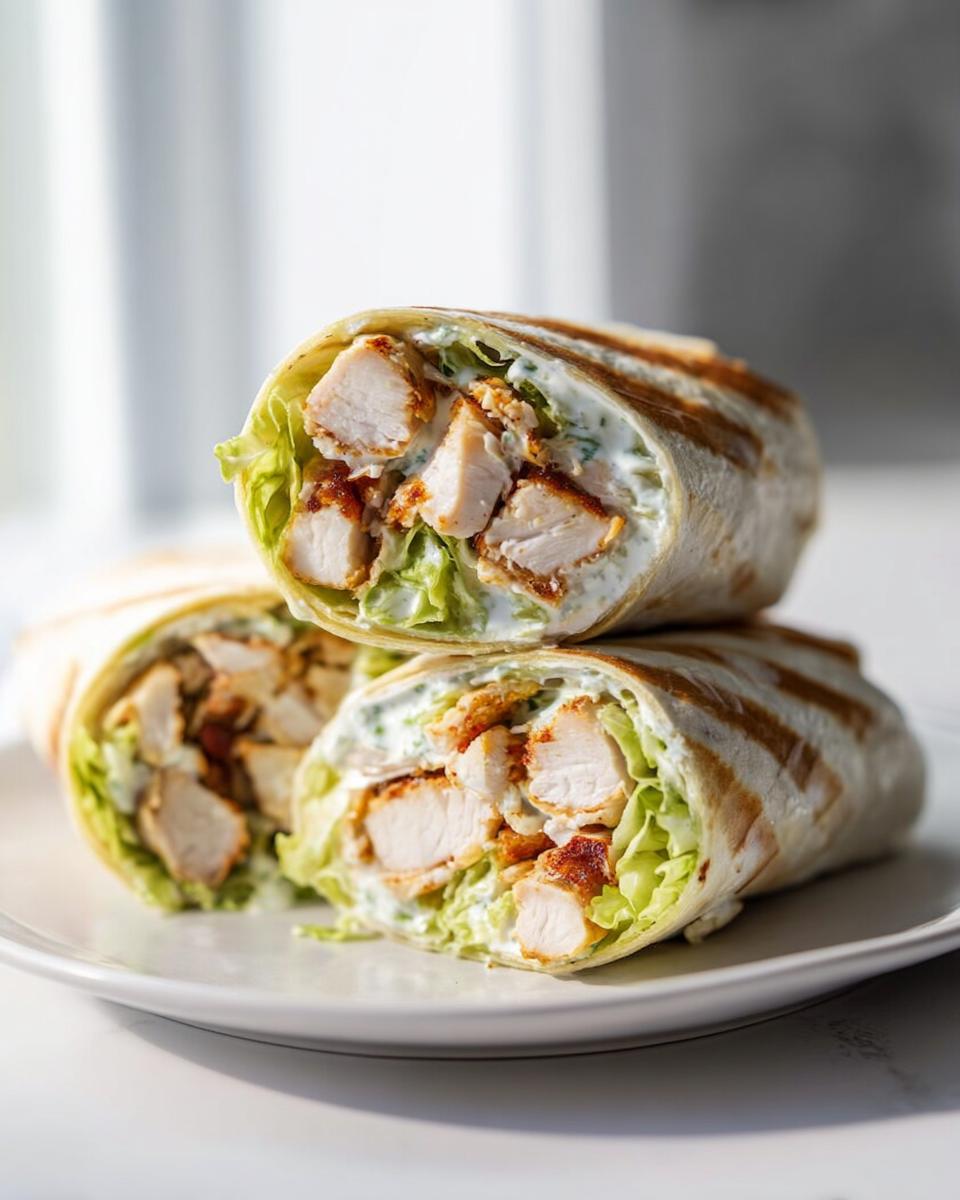 Two halves of Easy Chicken Lunch Wraps, showing grilled chicken, lettuce, and creamy sauce, stacked on a white plate.