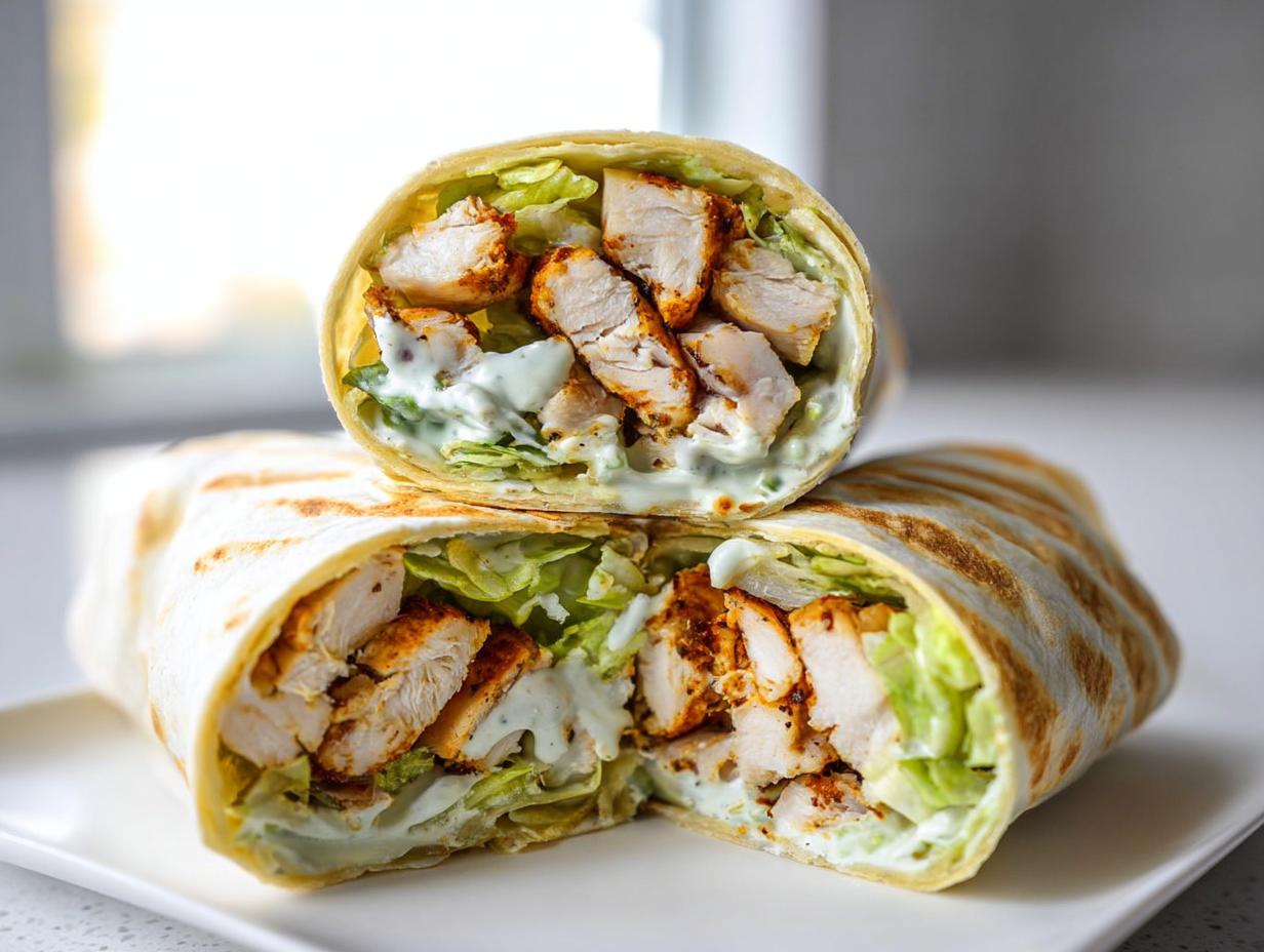 A close-up of Easy Chicken Lunch Wraps cut in half, showing seasoned chicken, lettuce, and creamy sauce inside a grilled tortilla.