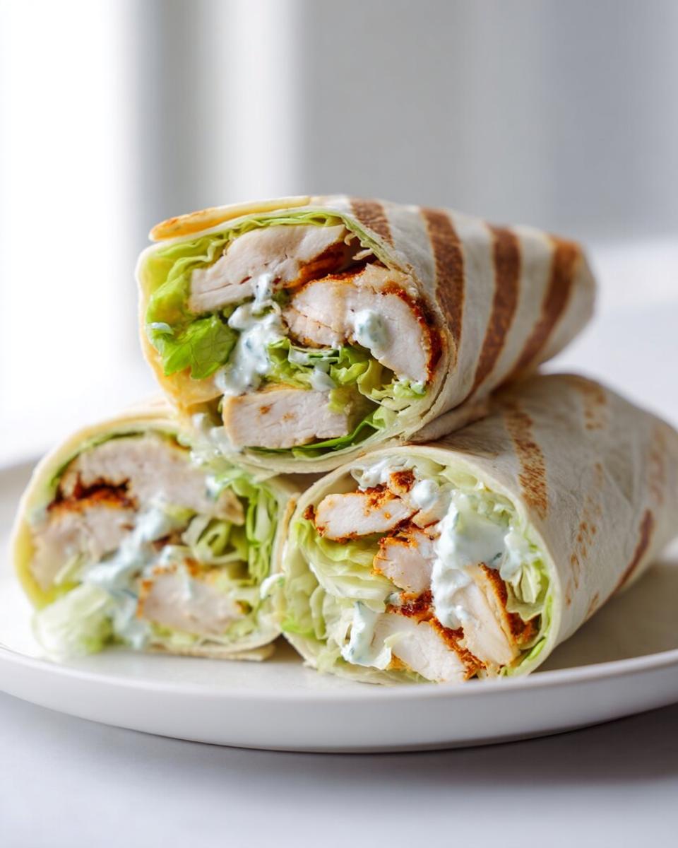 Three halves of Easy Chicken Lunch Wraps stacked on a white plate, showing seasoned chicken, lettuce, and creamy sauce.