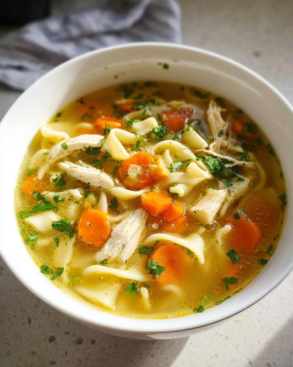 Close-up of a white bowl filled with Easy Chicken Noodle Soup, featuring shredded chicken, wide egg noodles, and bright orange carrots.