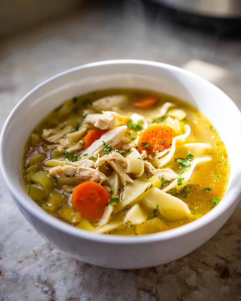Close-up of a steaming white bowl filled with Easy Chicken Noodle Soup, featuring shredded chicken, egg noodles, and carrots.