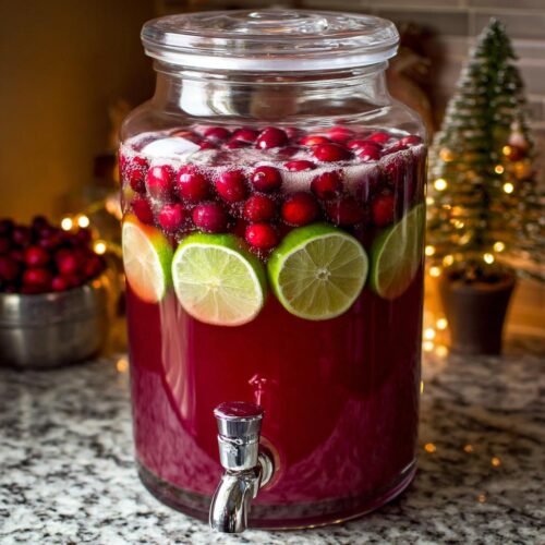Large glass dispenser filled with Easy Christmas Eve Punch garnished with floating cranberries and lime slices.