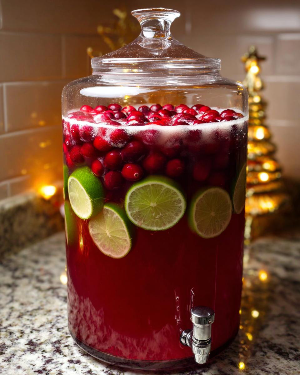 A large glass dispenser filled with Easy Christmas Eve Punch, garnished with floating cranberries and lime slices.