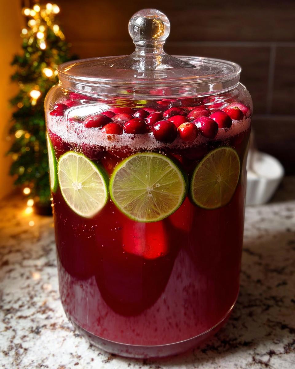 A large glass dispenser filled with Easy Christmas Eve Punch, garnished with floating cranberries and lime slices.