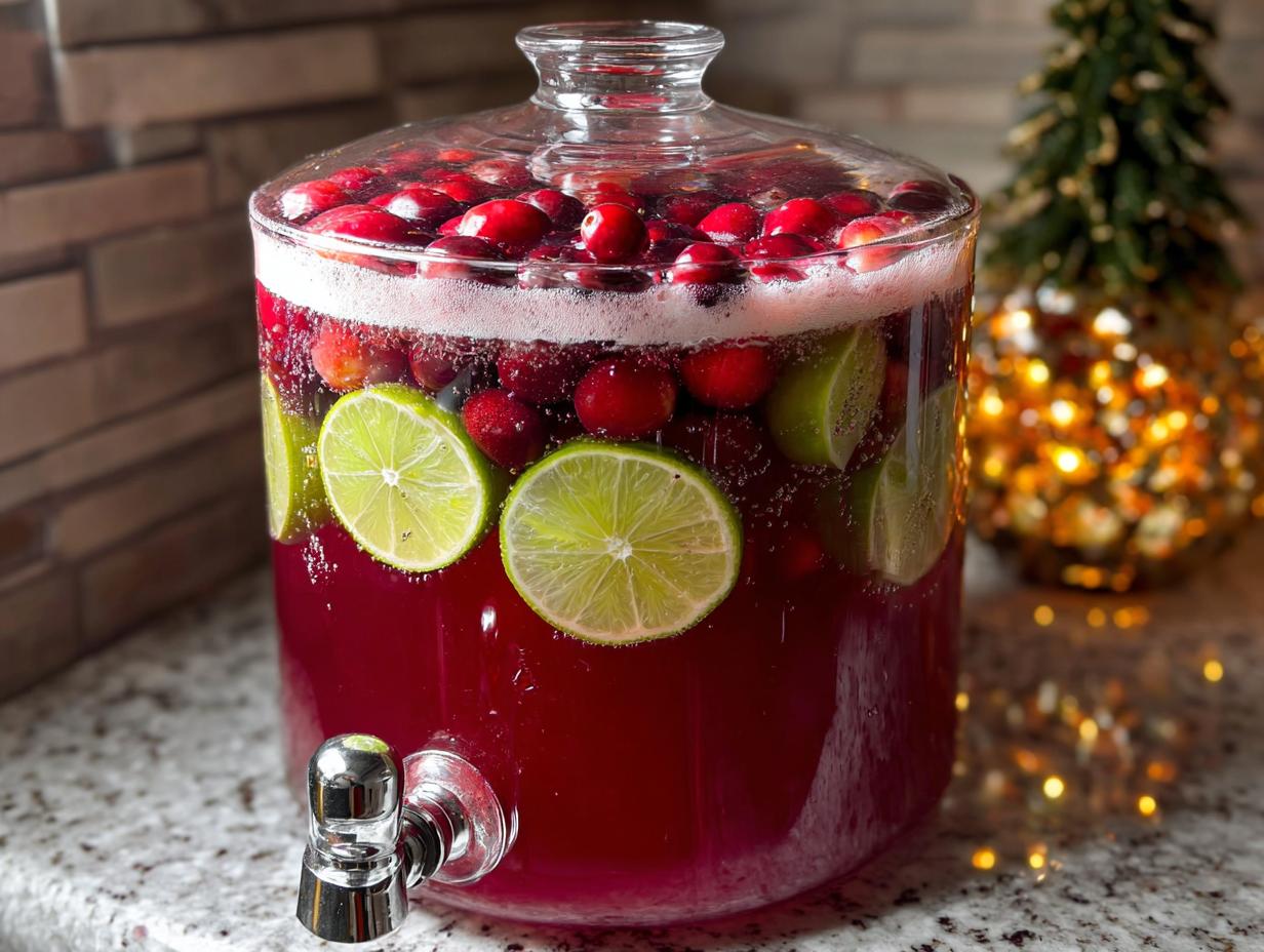 A large glass dispenser filled with Easy Christmas Eve Punch, garnished with floating cranberries and lime slices.